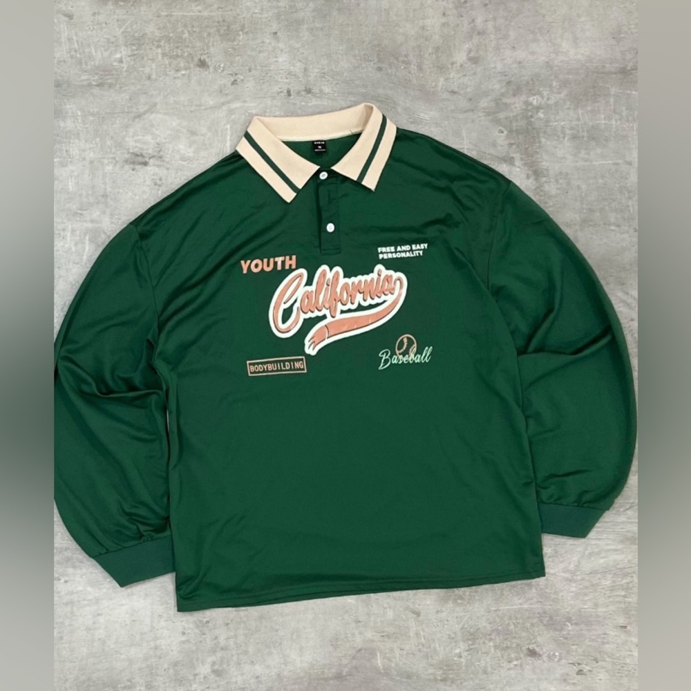 SHEIN Men's Large California Varsity Polo Shirt | Green & Beige | Vintage Aged L